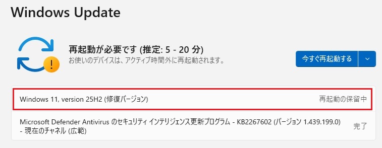 Windows 11 バージョン 25H2 累積更新 (KB5066835) でインストール