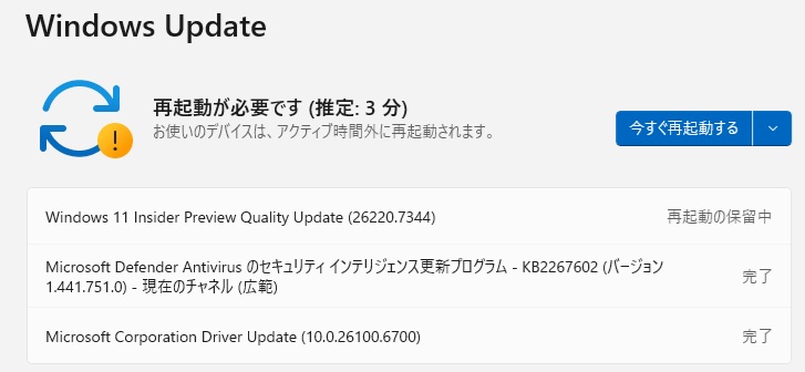 Windows 11 Beta チャンネル に Quality Update (26220.7344) が配信