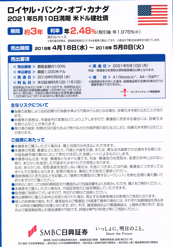 ロイヤルバンクオブカナダ 2021年5月10日満期 米ドル建社債を買います Mbaのインデックス投資日記