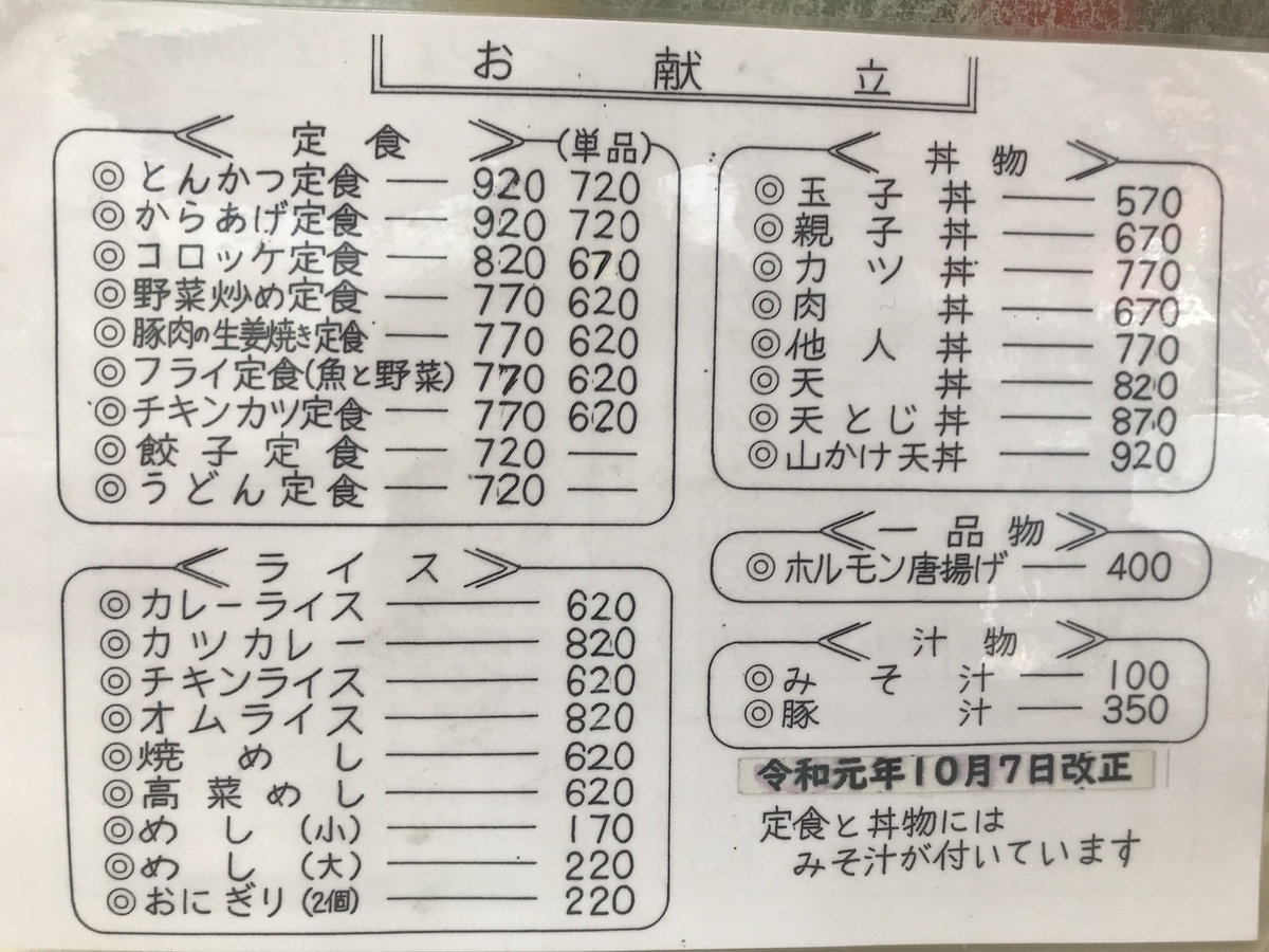 はちばん食堂　定食メニュー2020