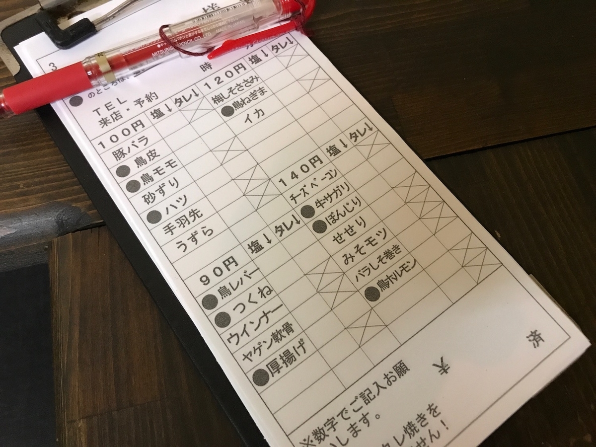 焼鳥工房若楠店　注文表