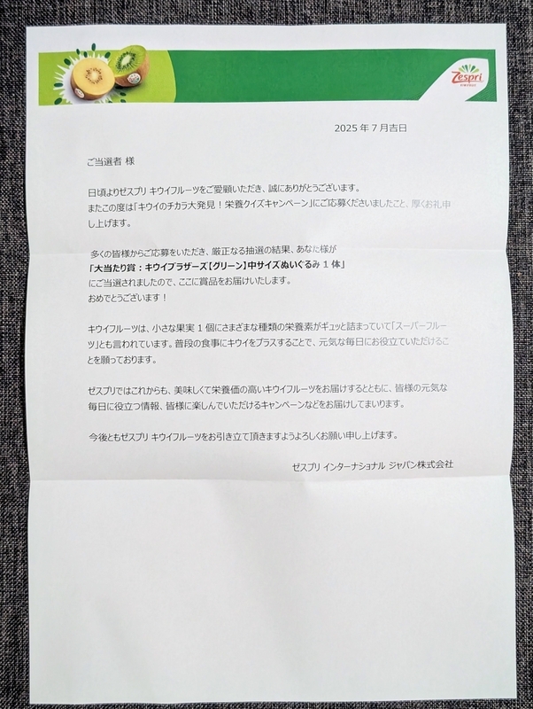 LINEキャンペーンで当たったキウイブラザーズのぬいぐるみが届いた