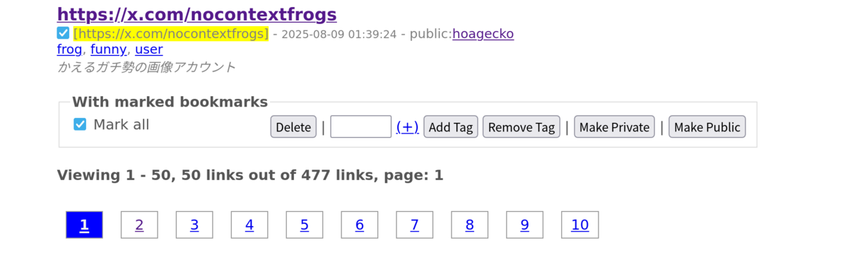 With marked bookmarks 50 Bookmark Deleted Mark all | (+) | | Viewing 1 - 50, 50 links out of 277 links, page: 1