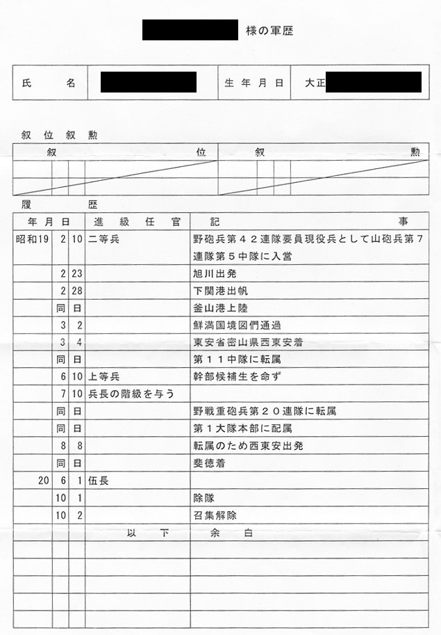 軍歴証明書の見方（その①） - 自分の先祖の調べ方