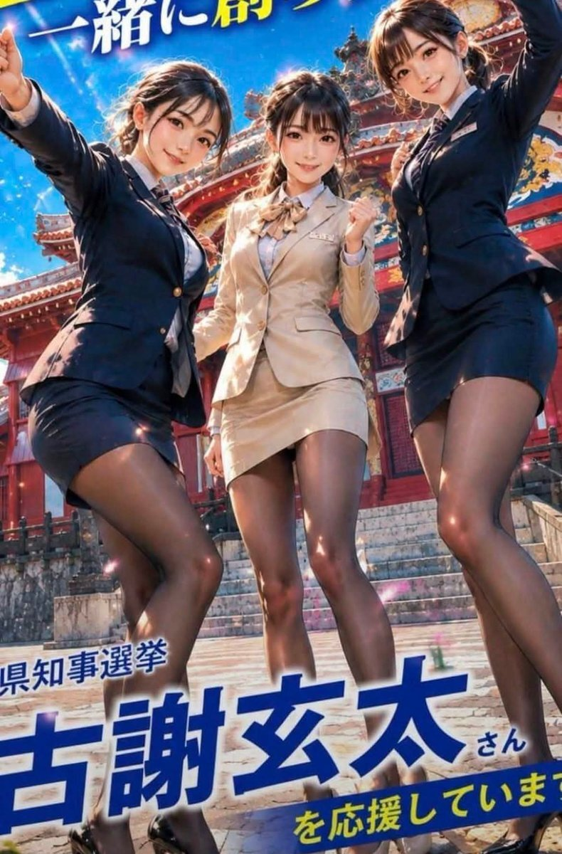 スーツ姿の若い女性が3人立って並んだ生成AIイラストの下部に、古謝玄太候補を応援するテロップが書かれている。