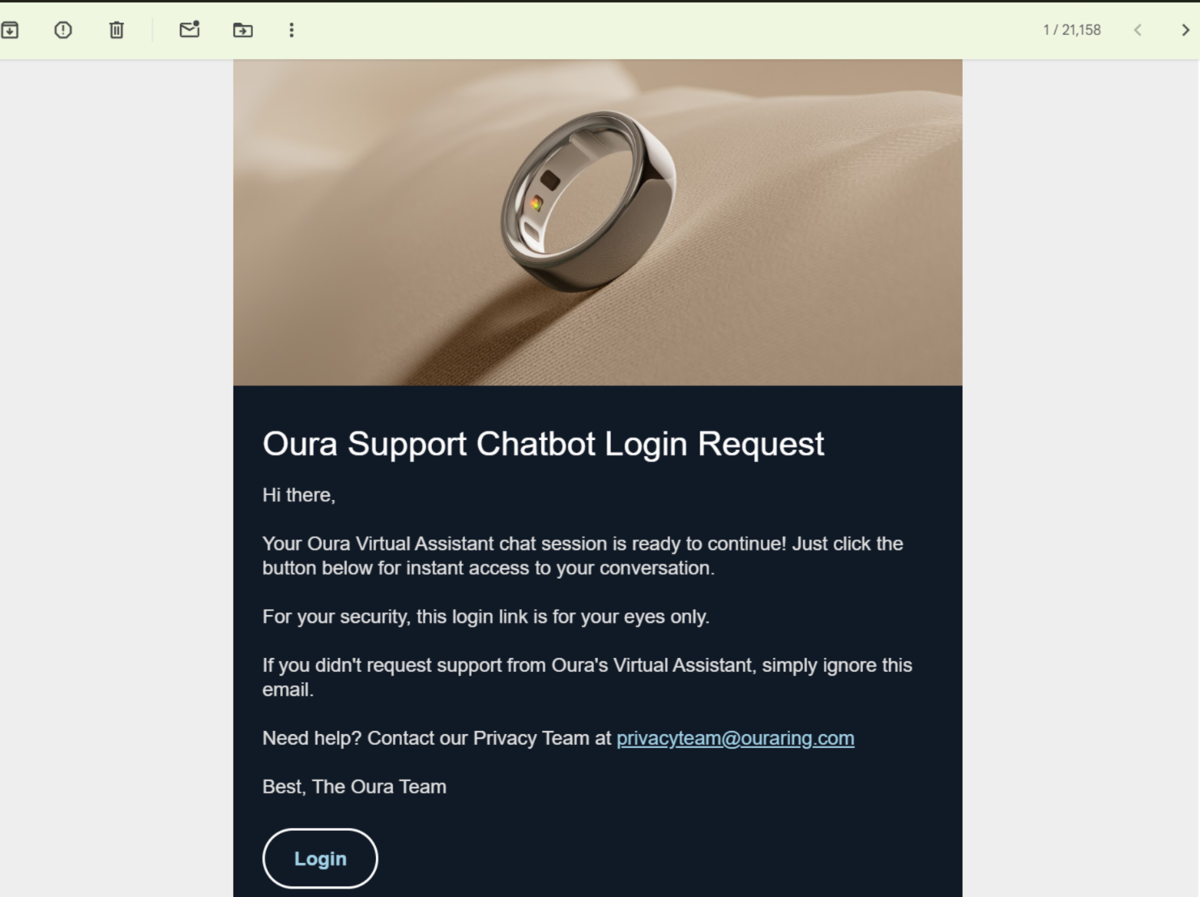 Oura Support Chatbot Login Requestというメール。Loginボタンが配置されている