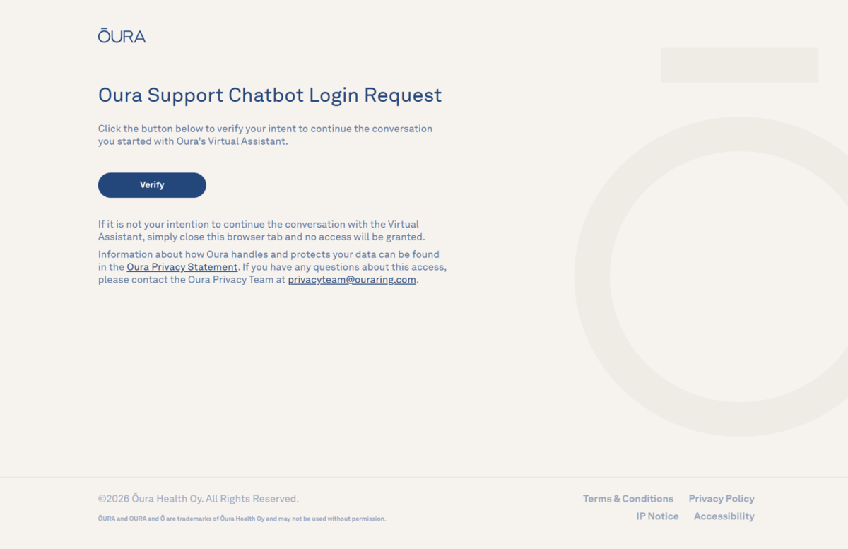 ブラウザでOura Support Chatbot Login Requestページが表示され、Verifyボタンがある