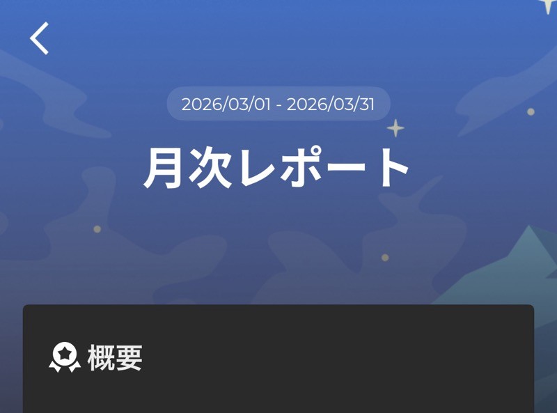 SOXAIアプリの月次レポートトップ画面。2026年3月のレポートタイトルと期間が表示されている。
