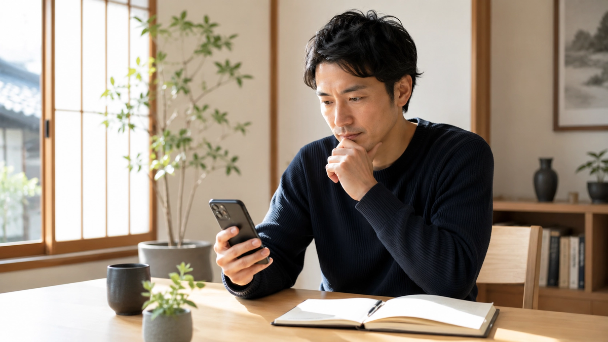 スマートフォンの画面を確認しながらプランを検討している様子