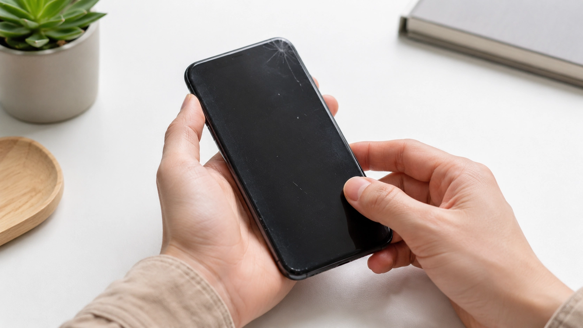 スマートフォンの画面の状態を確認している様子