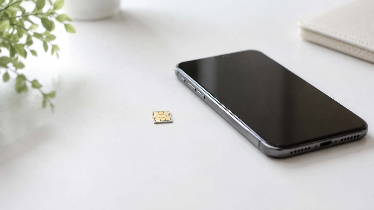 スマートフォンとSIMカードを並べたシンプルな構図