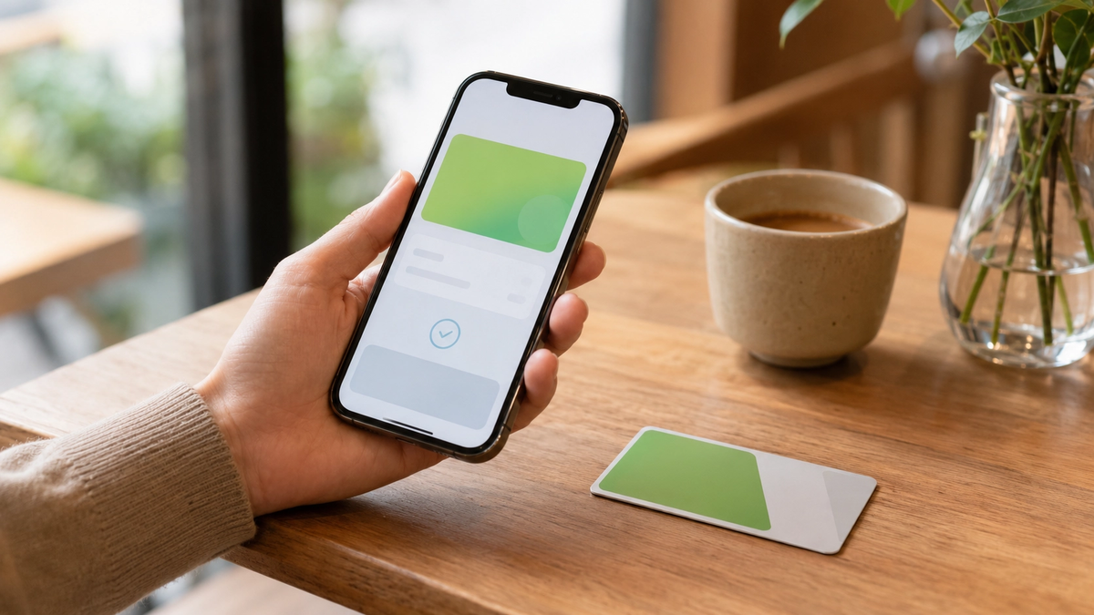 スマホの電子マネー残高画面とICカードを並べて確認しているようす