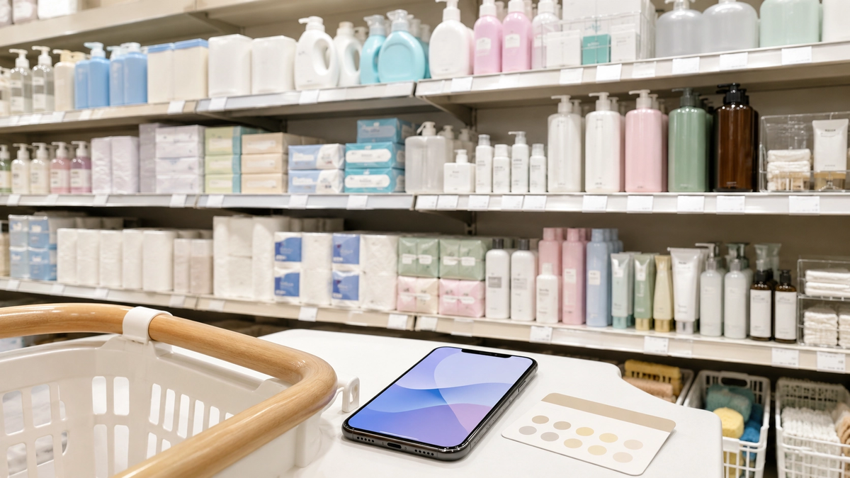 ドラッグストアの日用品売り場とポイントカード의 이미지