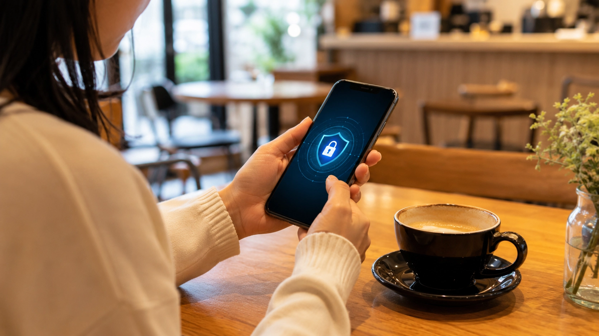 カフェでの公共Wi-Fi利用とセキュリティのイメージ