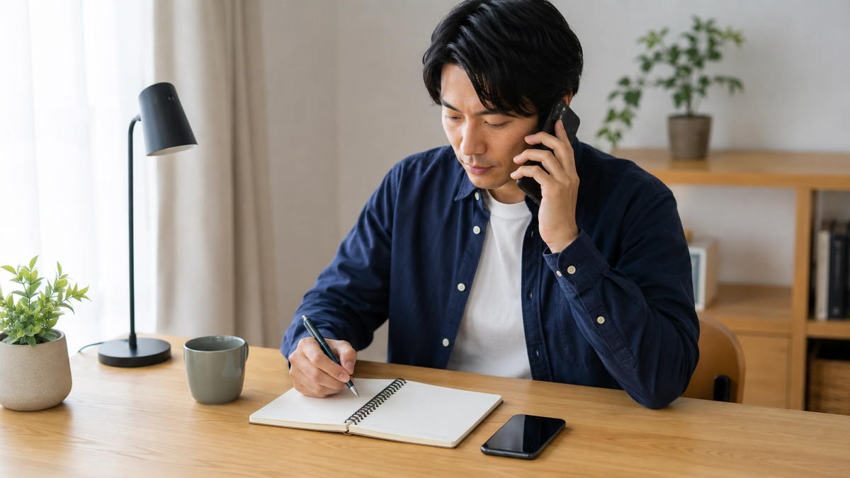 電話をかける前にメモを準備する場面のイメージ