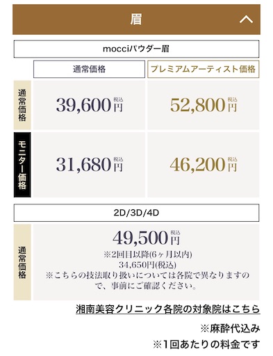 湘南AGAのアートメイクの料金表