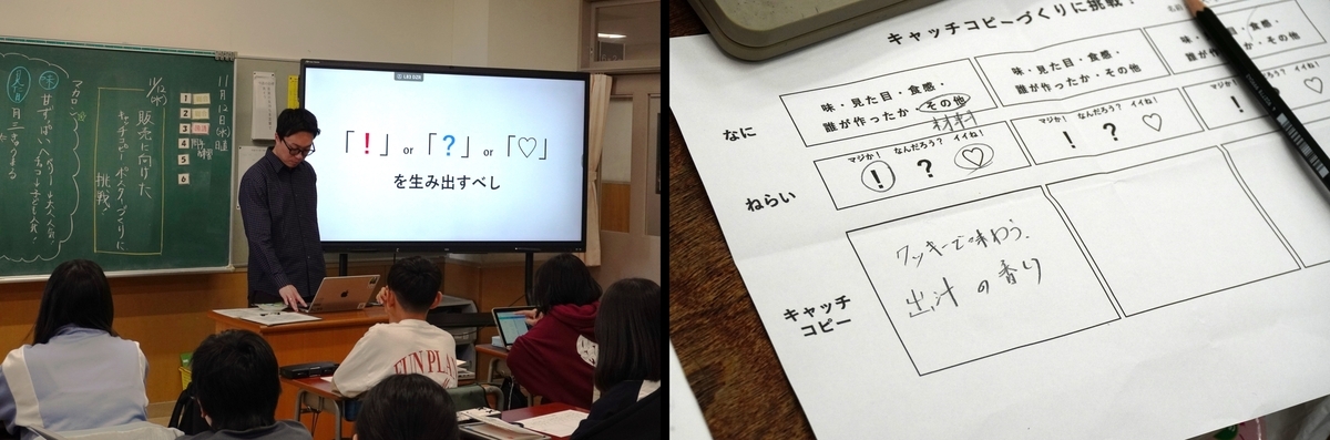 キャッチコピーのポイントを伝える荒谷や生徒たちのアイデアメモの様子