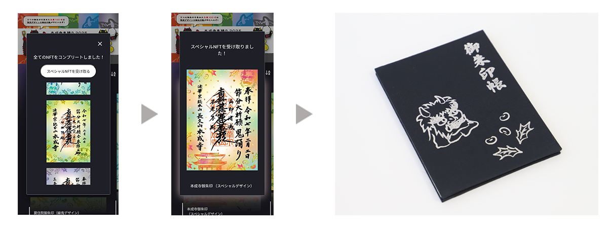 ５種全てのNFTを取得された方へのコンプリート特典としてスペシャルNFTと御朱印実物をプレゼントス流れの説明画像