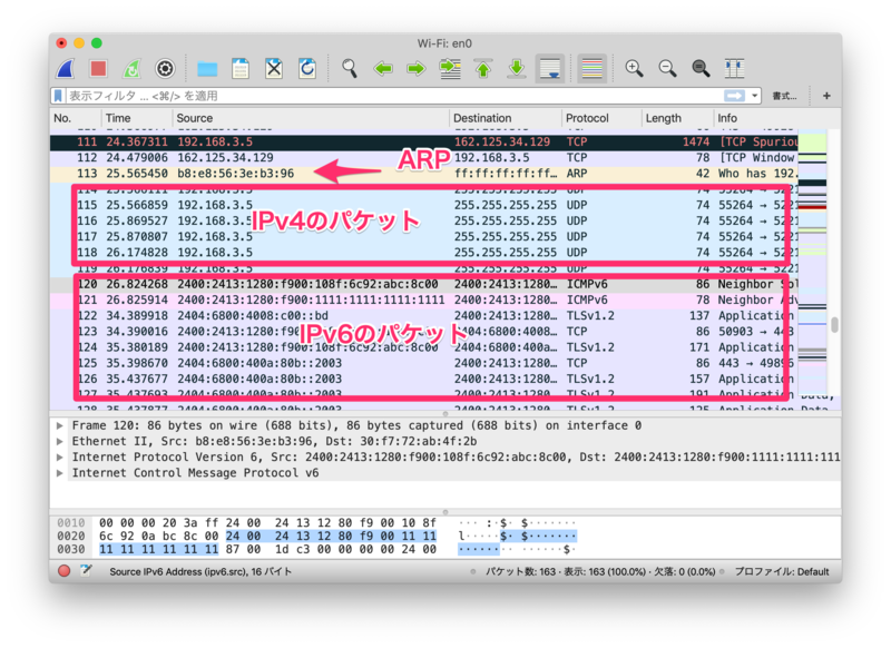 WiresharkでIPv4,IPv6混在パケットを表示フィルタで見やすくする