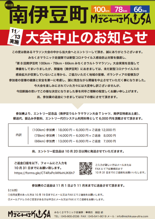 第8回南伊豆町100㎞・78㎞・66㎞みちくさウルトラマラソン中止