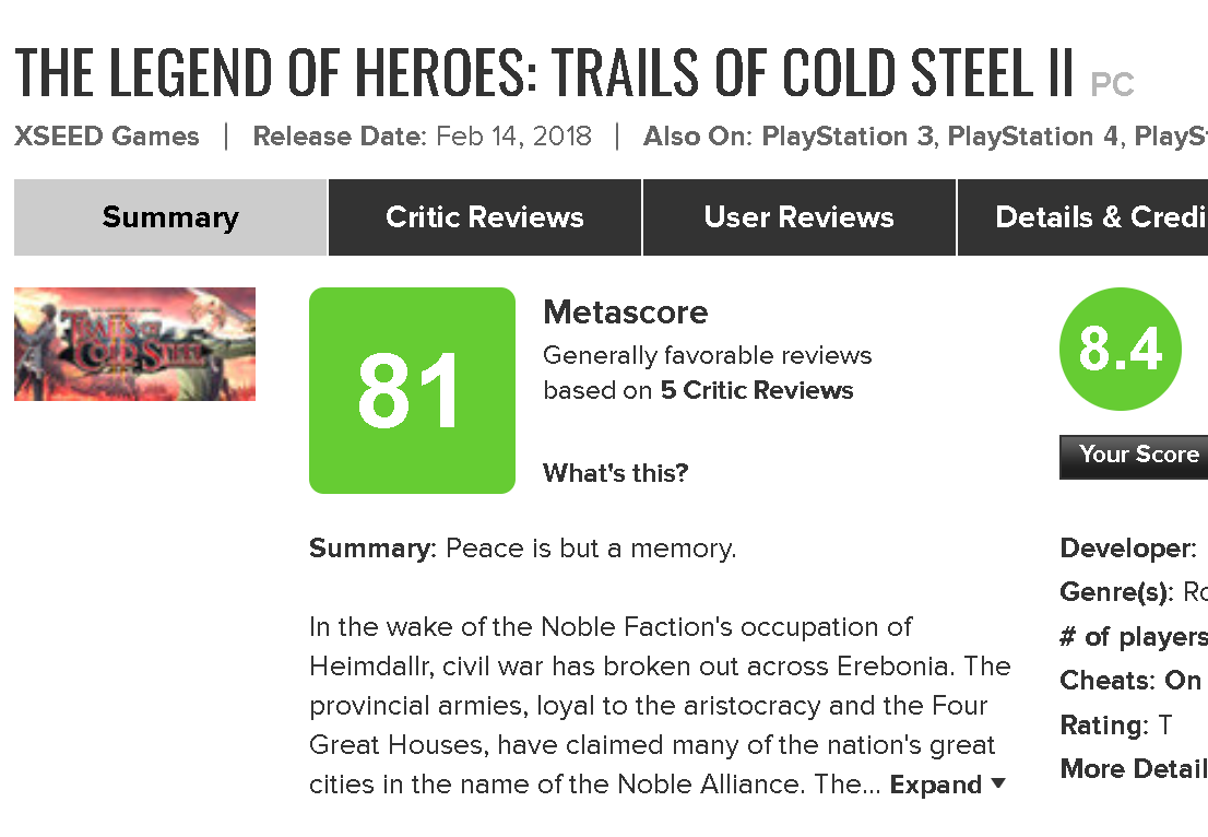 【英雄伝説 黎の軌跡Ⅱ】メタスコアと感想評価