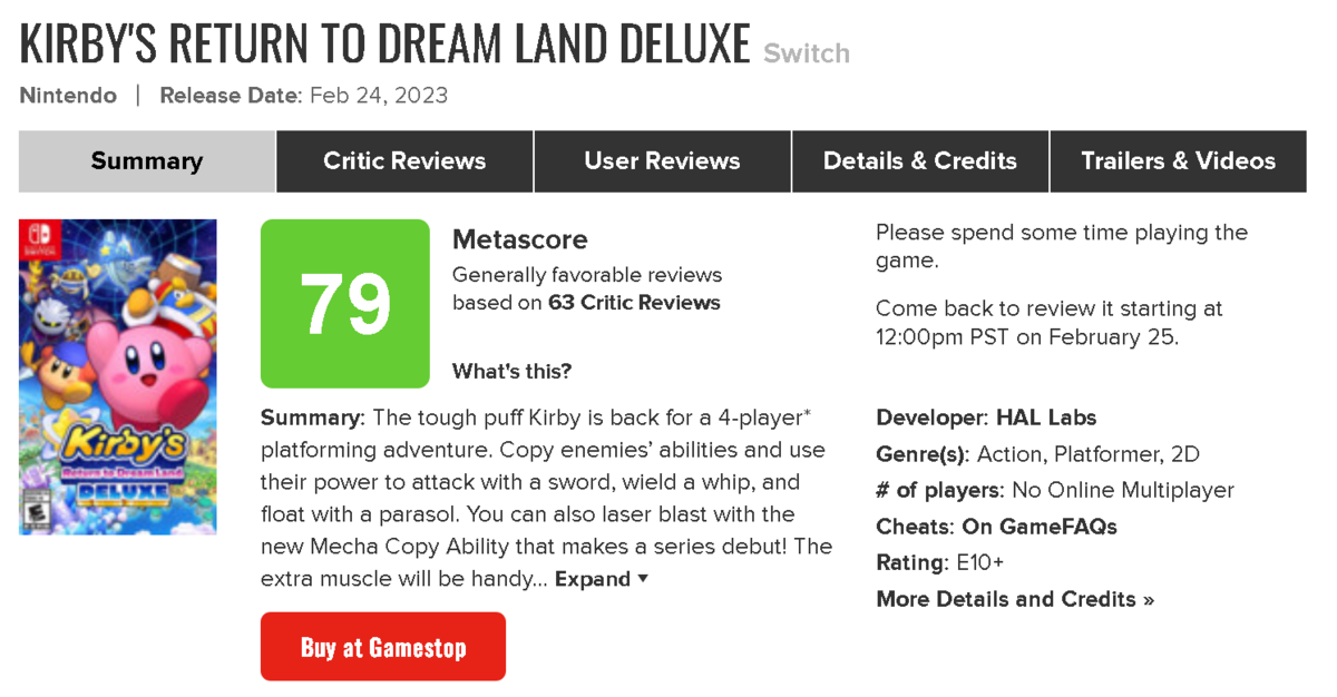 星のカービィ Wii デラックス メタスコア