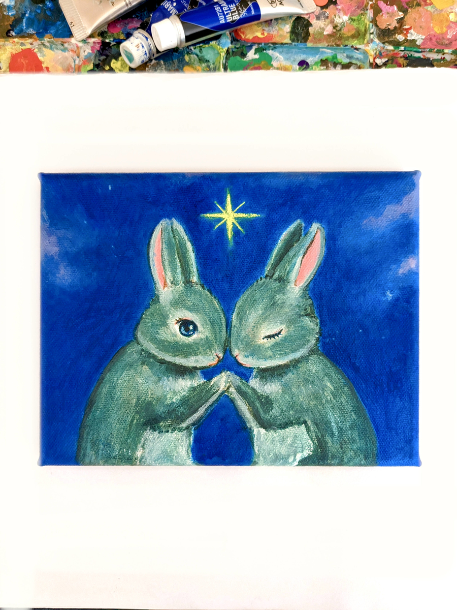 アクリル画制作中。 - うさぎのアート Mao