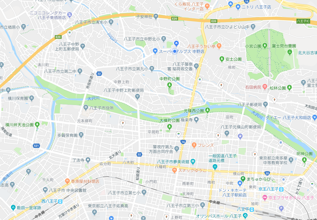 浅川が大沢川となっている地図