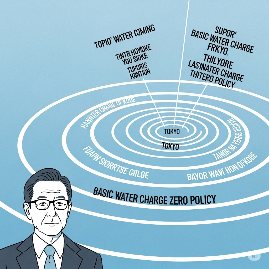 東京都の「水道基本料金ゼロ政策」が波紋を呼んでいる様子と、神戸市長の本音、そして各地に広がる声を描いた画像です