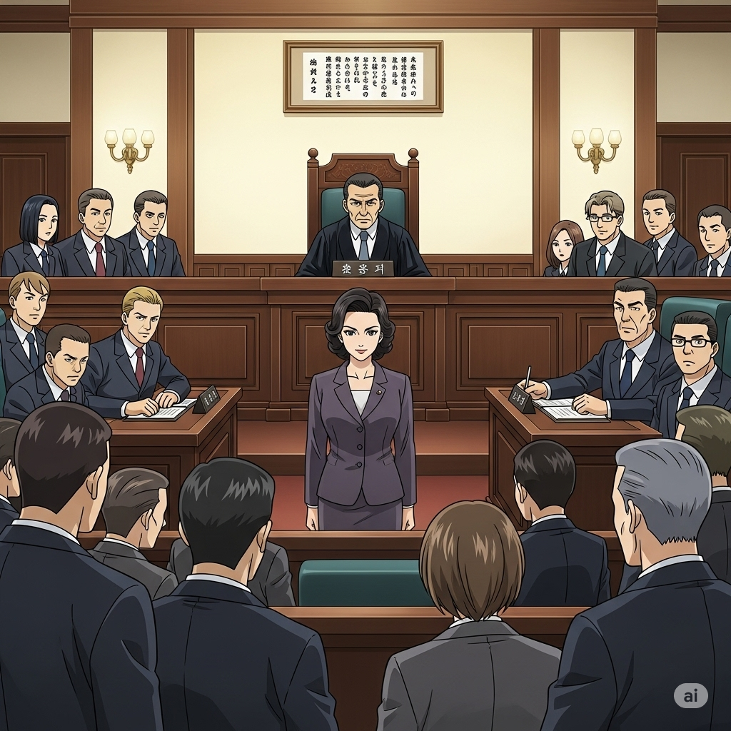 一人の女に耳目が集まる裁判の風景画像