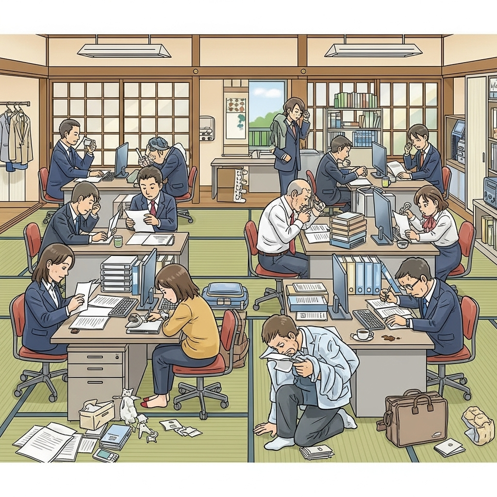 和風で畳オフィスはそれでありみたいだけど畳に事務椅子のイメージ画像