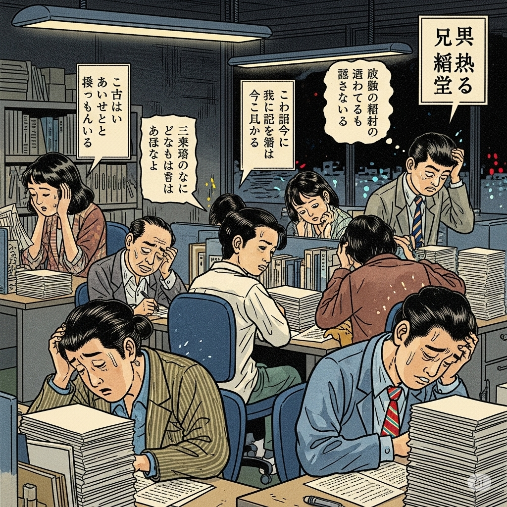 日本人の働きすぎ、優柔不断、そしてネガティブな様子を描いたイラストです。