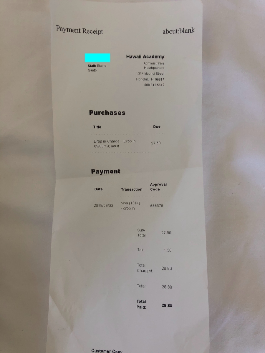 Hawaii Academy receipt