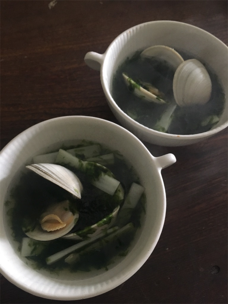 狩漁本能笑 あさりとうどの生海苔汁 うをとおなすと