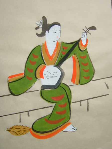 大津絵、三味線を引く女性(狐女） 狐が女性に化けられたと思っているが、後からシッポが見えてます