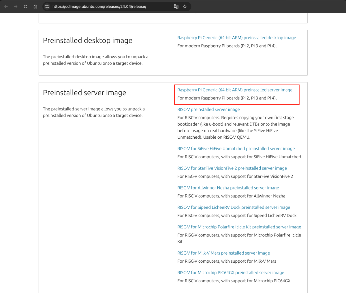 Preinstalled server imageの欄よりRaspberry Pi Generic (64-bit ARM) preinstalled server imageでリンクが貼られています