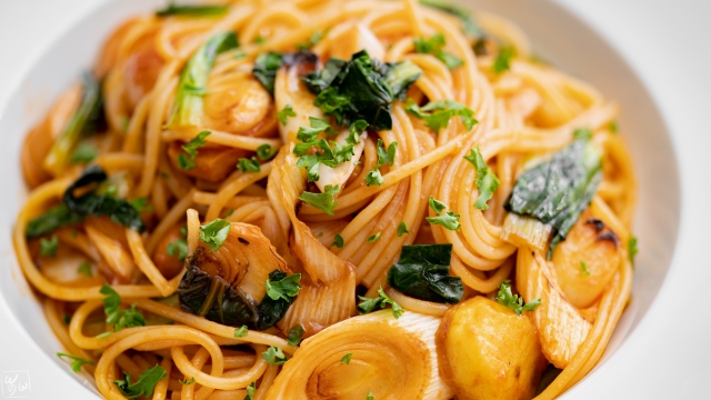 焼きネギと小松菜の和風ナポリタン