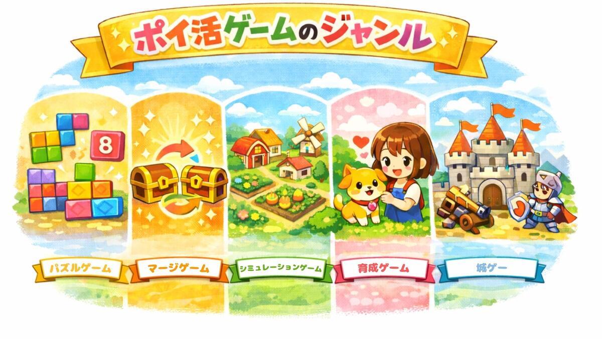 ポイ活ゲームのジャンルをまとめたイラスト。パズルゲーム・マージゲーム・シミュレーションゲーム・育成ゲーム・城ゲー