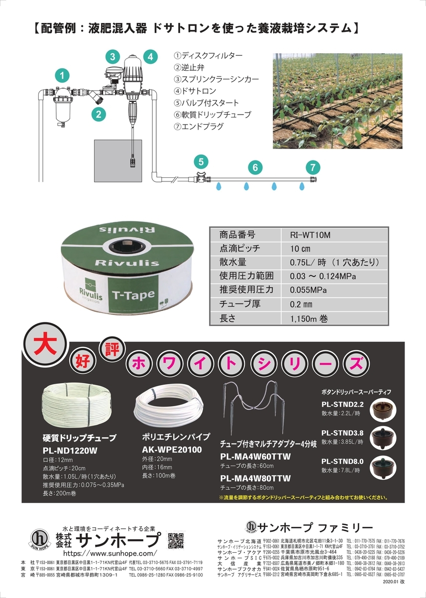 再入荷！】 サンホープ SUNHOPE 2巻セット品 白色 軟質ドリップチューブ RI-WT10M 点滴ピッチ10cm 長さ1,150m巻き  養液栽培に最適 法人 農園様限定