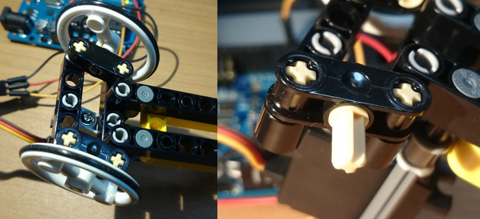 ステアリング部分(左：裏面 / 右：タイヤをはずした状態)