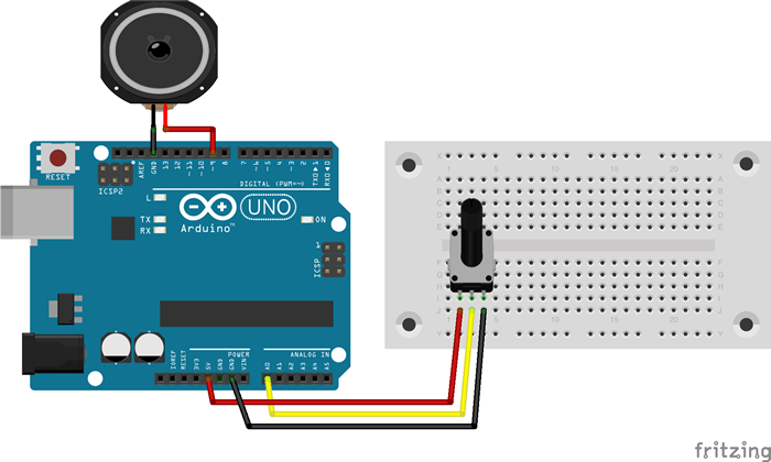図4 Arduinoとボリューム可変抵抗回路