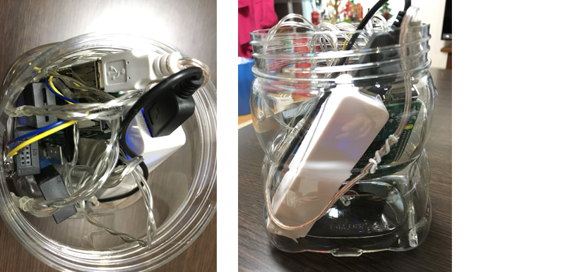 ラズパイとバッテリー、MESH GPIO、明るさ、温湿度タグをケースの中にセット