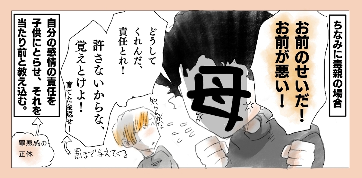 【相手が毒親(母)の場合】お前のせいだ！お前が悪い！どうしてくれるんだ、責任とれ！許さないからな、覚えておけよ！【自分の感情の責任を子供にとらせて、それを当たり前と教え込む】←罪悪感の正体