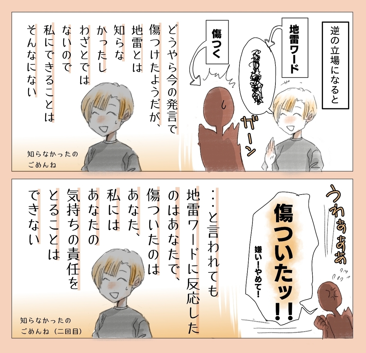 【相手を傷つけてしまったとき】傷つけてしまったことは申し訳ないけど、わざとではないので私にできることはそんなにない。【相手が「傷ついた！」と訴えてきたとき】...とはいえ地雷ワードに反応したのはあなただし、傷ついたのはあなた、私にあなたの感情の責任をとるできることはない。