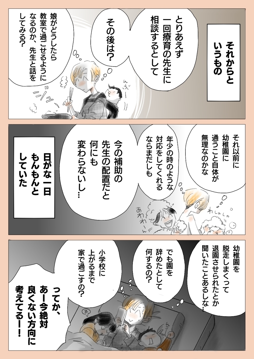 それからと
いうもの


とりあえず一回療育の先生に
相談するとして

その後は？

娘がどうしたら
教室で過ごせるように
なるのか先生と話を
してみよう

それ以前に
幼稚園に通うこと自体が
無理なのかな

年少の時のような
対応をしてくれてるなら
まだしも

今の補助の先生の配置だと
何にも変わらないし...

日がな一日
もんもんと
していた

幼稚園を脱走しまくって
退園させられたとか
聞いたことあるしな...

でも園を辞めたとして
何するの？

小学校に上がるまで
家で過ごすの？

ってか、あー今絶対
良くない方向に
考えてるー！
