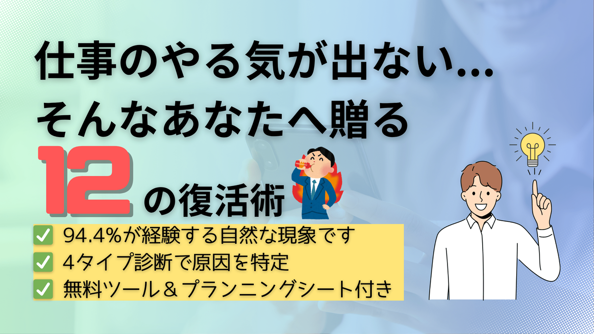 仕事のやる気が出ない時の対処法12選を解説する記事のアイキャッチ画像。94.4%の人が経験するやる気低下から回復する方法を現役SE管理職が紹介