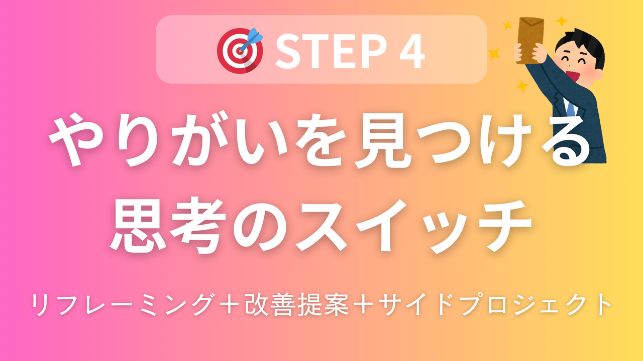 仕事内容ミスマッチ型対策のアイキャッチ画像。リフレーミング、改善提案システム、サイドプロジェクト活用で思考のスイッチを切り替えやりがいを見つける方法