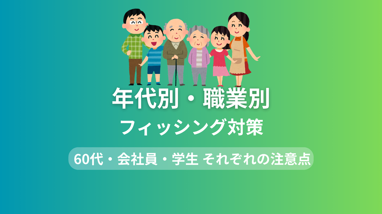 年代別・職業別フィッシング詐欺対策ガイド画像。60代以上、会社員・個人事業主、学生・若年層それぞれに特化した注意点と対策方法を示すインフォグラフィック