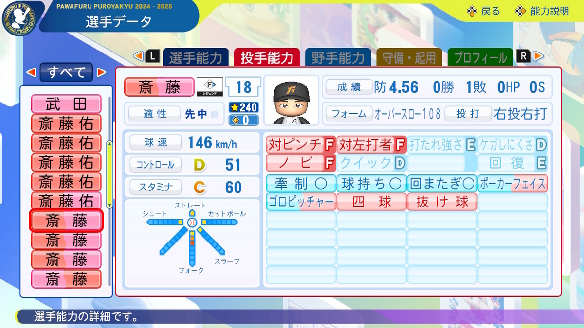 日ハム】斎藤佑樹 (2016) パワプロ2024-2025 - ぱわぷろセゾン