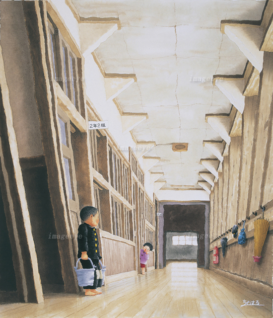 学校の廊下 バケツを持ち立たされる子供 Imageeye Illust